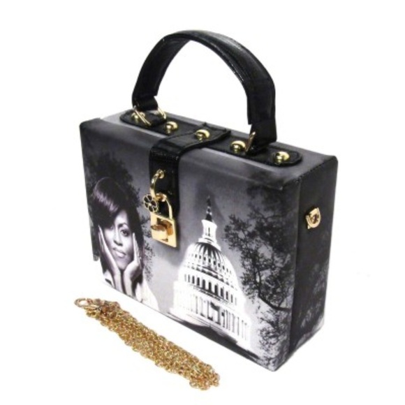 Magazine Handbags - BLACK WHITE MICHELLE OBAMA PADLOCK TOP HANDLE CASE